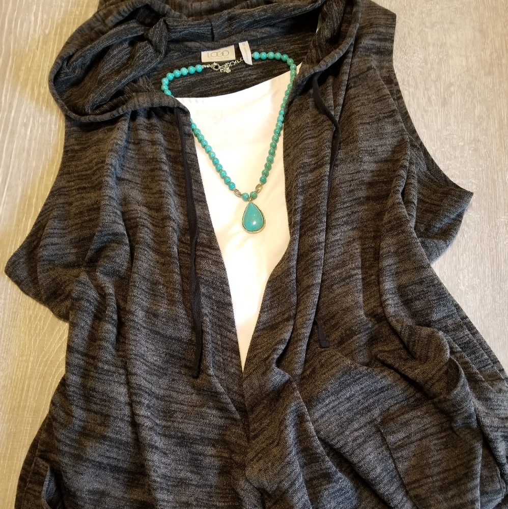 LOGO Hooded/sleeveless open cardigan only—tank and necklace not included